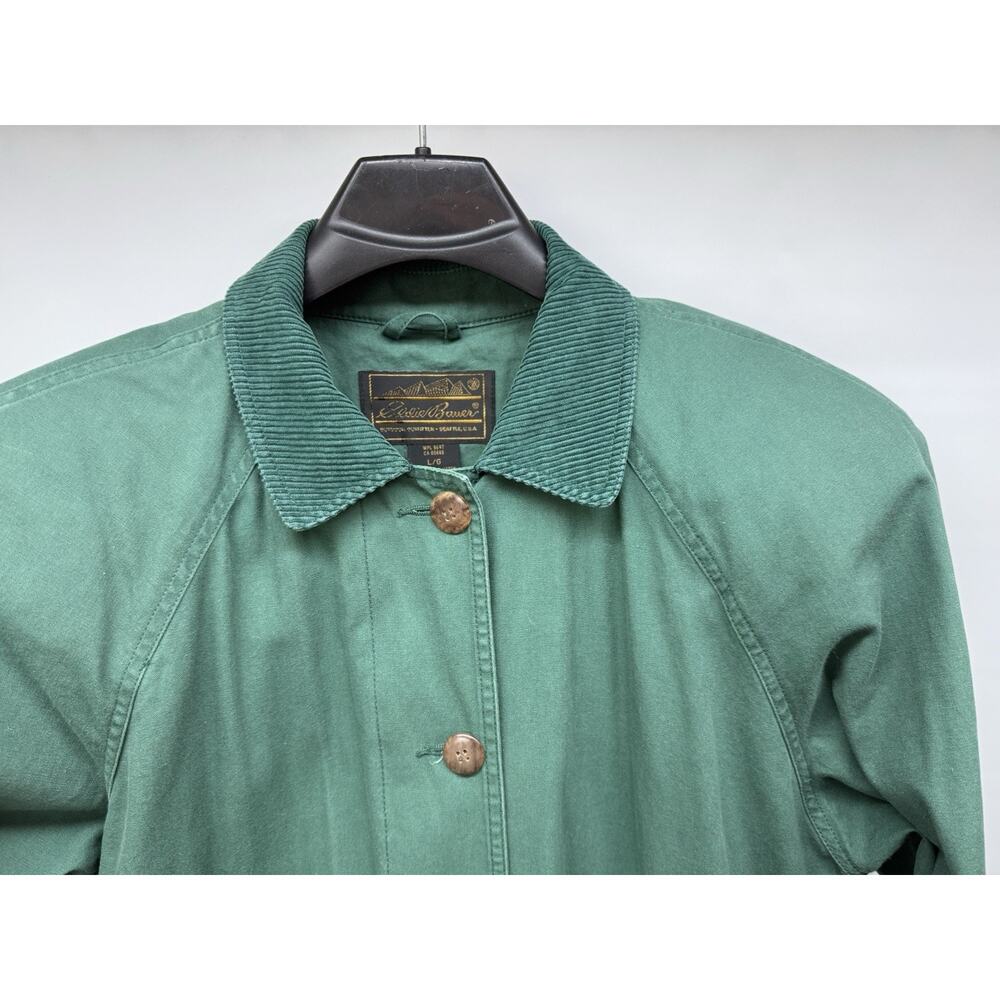 Eddie Bauer Canvas Utility Trench Coat Duster Corduroy Trim Green Womens Large - Picture 5 of 10